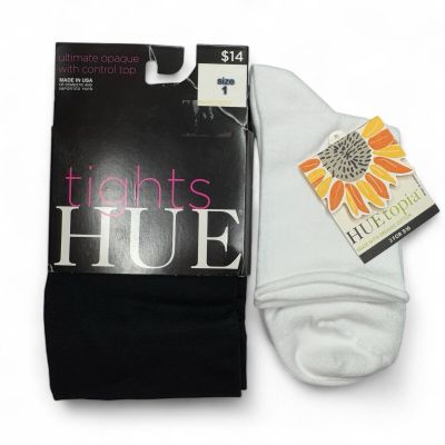 HUE Womens Ultimate Opaque Tights Size 1 - Black with Free Roll Top Sock New