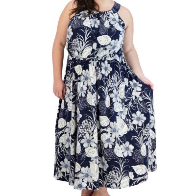 Robbie Bee Plus Size Jersey Halter-Neck Maxi Dress - Navy/Ivory 1X