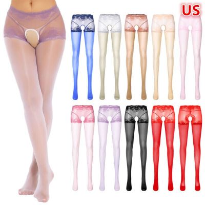 Women's Open Crotch Pantyhose Glossy Smooth Tights See-Through Floral Lace Pants