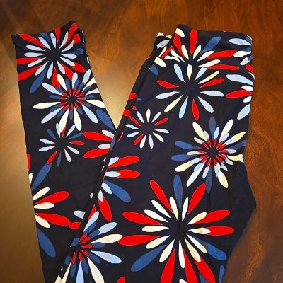 Lularoe Leggings OS, Red White Blue Floral With Black Background, NEW