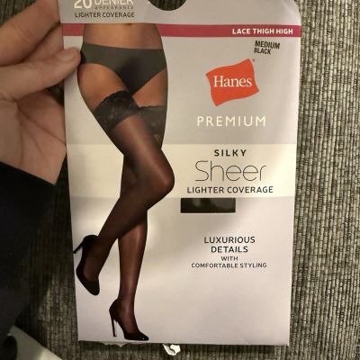 Hanes Premium Silky Sheer Lace Top Thigh High Stockings Black Medium