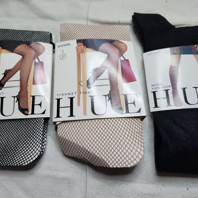 3 NEW Hue Fishnet Tights 2 L XL Womens Nude Beige BLACK KNEE SOCK IN PACKAGES