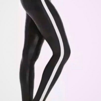 Spanx Faux Leather Stripe Leggings Sz S Msrp $110 Black White Stripe Full Length