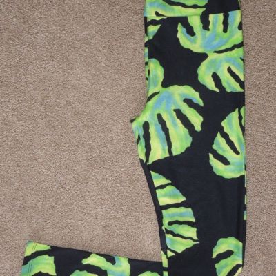 LuLaRoe OS Bright Tropical Monstera Houseplant Leaf Plant BLACK Leggings