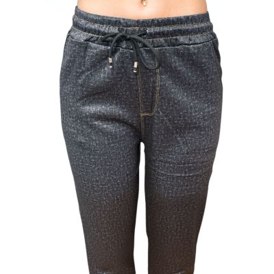 Women's Stretchy Denim-Style Drawstring Pants - Charcoal Black