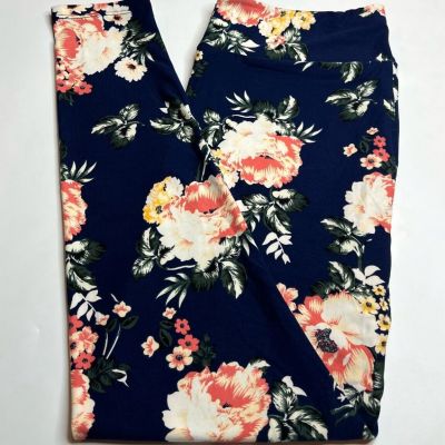 NEW LuLaRoe TC Leggings BLUE SALMON PINK GREEN Rose Peony Flower Floral Leaves