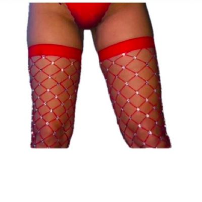 Lady's Red Stay Up Thigh-High Fish Net Studded Valentine’s Stockings