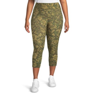 TERRA & SKY GREEN FLORAL SUEDED CAPRI LEGGINGS HIGH RISE LONG 3X