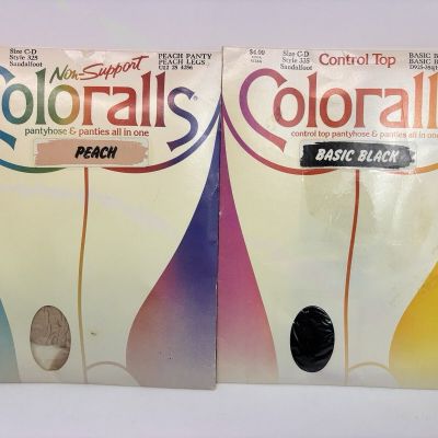 Vintage Coloralls Pantyhose Size C-D Lot of 2 Peach Pink and Basic Black Sealed