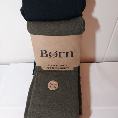 Born Fleece Lined Footless Tights Black & Olive Green 2 pack Super Soft S/M NWT