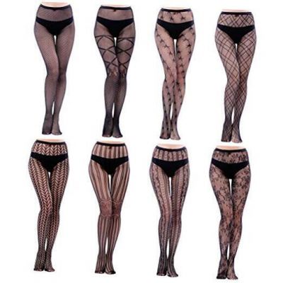 HOVEOX 8 Pairs Lace Tights Fishnet Floral Stockings Lace One Size Black