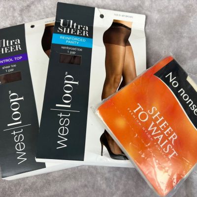 Lot 3 West Loop No Nonsense Brown Pantyhose Ultra Sheer Control Top Size B NWT