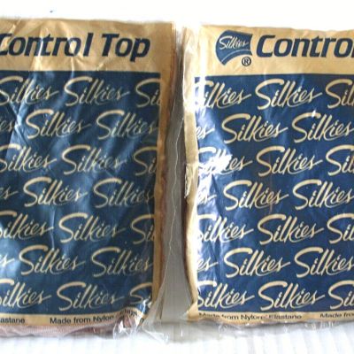 TWO Control Top Silkies Pantyhose Large Beige vintage USA