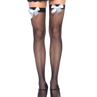 Leg Avenue 9018 Womens Black Fishnet Thigh High Stockings w/ White Bow, One Size