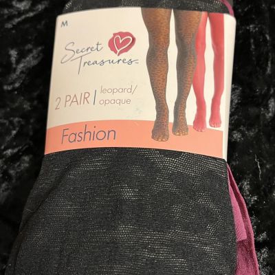 NEW 2 pair Secret Treasures tights black leopard purple opaque size medium