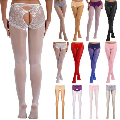 Women Sheer See-through Pantyhose Floral Lace Crotchless Tights Cutout Stockings