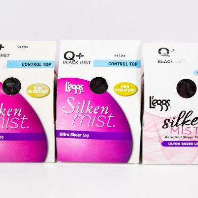 3 L'eggs Silken Mist Control Top Ultra Sheer Leg BLACK MIST Run Resist Tight Q+