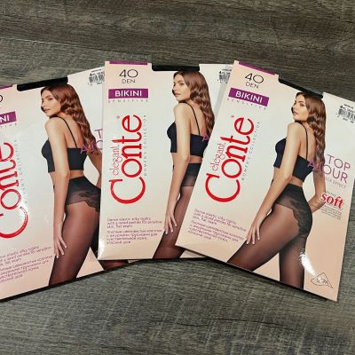 3-PK Conte BIKINI 40 Den Semi-Sheer Silky Tights w/ Laced Panties Black Graphite