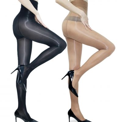 2 Pairs Women's Shiny Pantyhose High Waist Control Top Sheer Shiny Tights for...