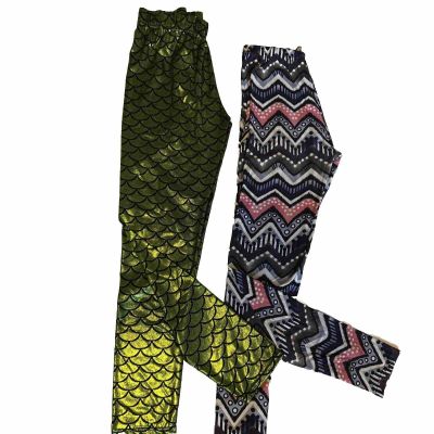 2 Pc Legging Lot, Green Shiny Sparkle Mermaid, Pink Purple Stripe Polka Dot Sz L