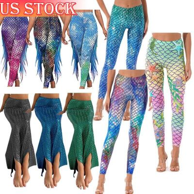 Womens Skinny Pants Shiny Fish Scale Mermaid Tights Yoga Pants Halloween Costume