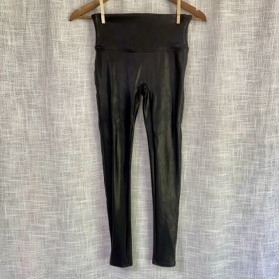 SPANX Vegan Leather Look Mid Rise Black Shine Leggings Medium Petite