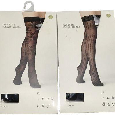 2 Pair A New Day Women's M/L Ebony Black Thigh Highs Flora/Stripe Fashion Tights