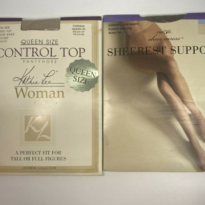 Kathie Lee Woman Queen 2X Oatmeal Control Top Sandal foot Pantyhose Sheerest NEW