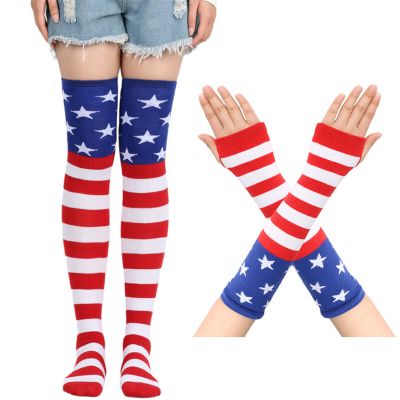 Women Girl American Flag Thigh High Socks Over the Knee Stocking Arm Gloves set