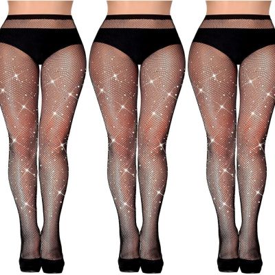 3 Pcs Rhinestone Fishnet Stockings Glitter Fishnet Tights High Waist Mesh Stocki