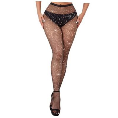 Fishnet Stockings for Women Sparkly Rhinestone Medium-X-Large Black-mini Grid