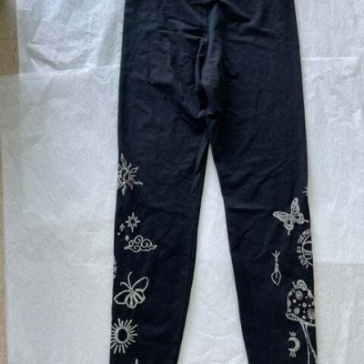 Johnny Was Noah Black Cotton Leggings Pant White Floral Embroidery Legging NEW