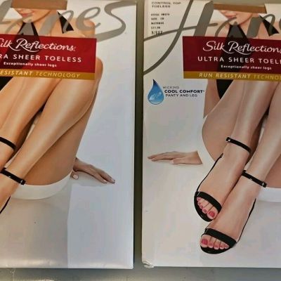 2) HANES SILK REFLECTIONS ULTRA SHEER CONTROL TOP TOELESS Pantyhose  NATURAL CD