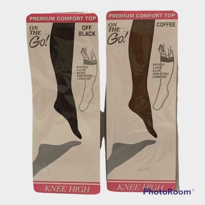 On The Go Knee High Pantyhose Nylon Double Band Premium Comfort Coffee Off Black