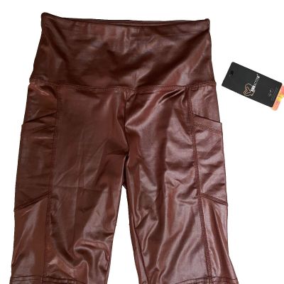 new Women's BIKER SPORT LEGGINGS sz S brown shiny Stretchy Tight Pants Jeggings