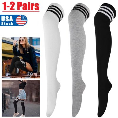 2Pair Women's Thigh Socks Extra Long Striped Boot Socks Warm Over The Knee Socks