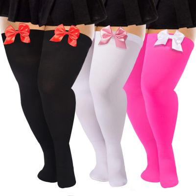 3 Pairs Women Plus Size Bow Thigh Highs Stockings Opaque Over the Knee Socks