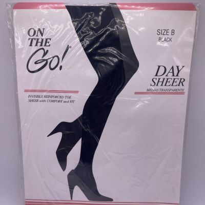 ON THE GO Day Sheer Pantyhose Black Invisible Reinforced Toe Size B New NIP