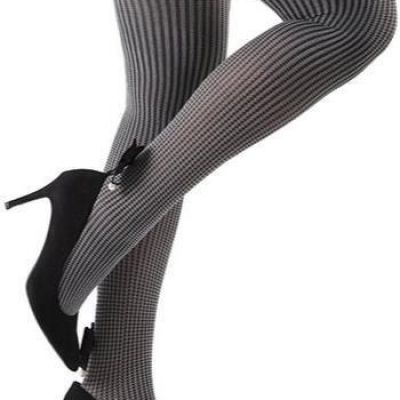 New MEMOI Houndstooth w/ Pearl Bow OPAQUE TIGHTS Women's Small/Medium Gray Nylon