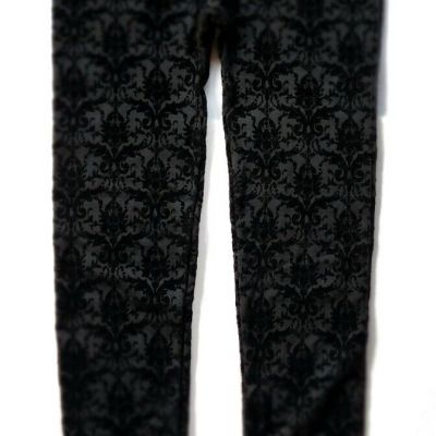 MeMoi Fashion Leggings ~ Womens Black Flocked Damask Seamless Fleece Lined - NWT