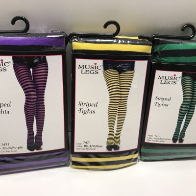 Music Legs ( 7471, One Size) Yellow , Purple & Green Black Striped Tights - 3pks