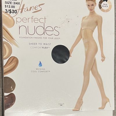 New Hanes Perfect Nude Pantyhose Size 3/4X True Black NIP Lt Tummy Control Sheer