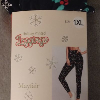 MAYFAIR Women's Holiday Print Leggings Black Candy Cane Holly Size 1X