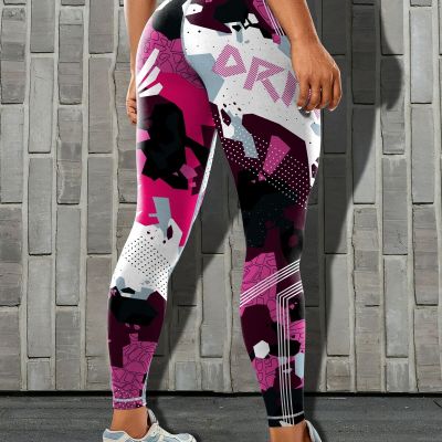 Fashionable Color Block Yoga Leggings - Letter Graphic Tummy Control - High