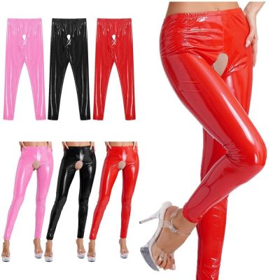 US Women Shiny Wetlook Patent Leather Skinny Stretchy Pants Sissy Open Crotch