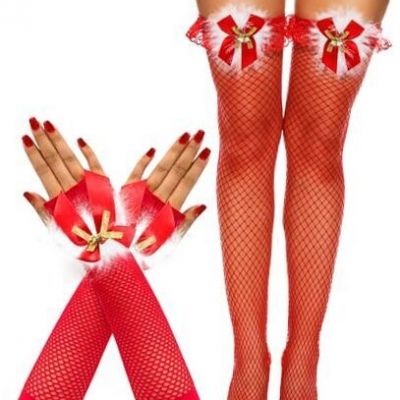 Women's Sexy Christams Fishnet Thigh One Size Medium Fishnet Stocking & Gloves