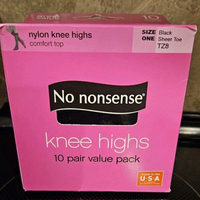 No Nonsense Comfort Top Knee Highs, Black, Size One, Reinforced Toe 10 Pair