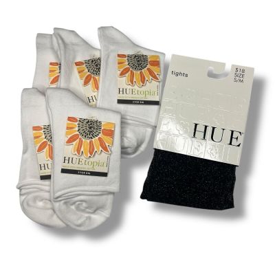 Huetopia Roll Top Shortie Socks 5 Pair White With Black Gold Metallic S/M Tight