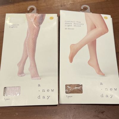 A New Day Women's Tights White & Sand, Nude Sz S/M Full Toe Stockings Lot Of 2