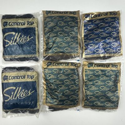 Vtg Silkies Control Top  Support  Lot Of 6 PANTYHOSE  4 Black (XL) Navy(Queen)